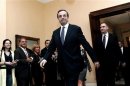 Conservative New Democracy party leader Antonis Samaras arrives at the presidential palace in Athens