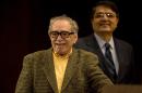 FILE - In This Nov. 18, 2008, file photo, Colombian Nobel Literature laureate Gabriel Garcia Marquez and Nicarguan author and former Vice President Sergio Ramirez, attend a round table discussion on Mexican writer Carlos Fuentes' work at the UNAM national university in Mexico City. Garcia Marquez died Thursday April 17, 2014 at his home in Mexico City. (AP Photo/Dario Lopez-Mills)