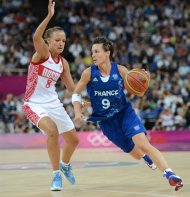 Russian guard Alena Danilochkina (L) is challenged by French guard Celine Dumerc during the London 2012 Olympic Games women's semifinal basketball game bewteen Russia and France at the North Greenwich Arena in London on August 9, 2012. AFP PHOTO /TIMOTHY A.  CLARY