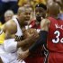 Pacers' West battles to the basket against Heat's James and Allen in Game 6 of their NBA Eastern Conference Final basketball playoff series in Indianapolis