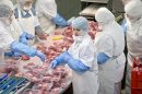 Workers handle meat at the Doly-Com abattoir, one of the two units checked by Romanian authorities in the horse meat scandal, in the village of Roma, northern Romania, Tuesday, Feb. 12, 2013. On Monday, Romanian officials scrambled to defend two plants implicated in the scandal, saying the meat was properly declared and any fraud was committed elsewhere. (AP Photo/Vadim Ghirda)