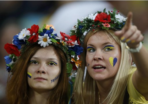 Fans of Ukraine are pictured before their Group D Euro 2012 soccer match against England at Donbass Arena in Donetsk