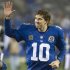 New York Giants' Eli Manning waves after beating New Orleans Saints in their NFL game in East Rutherford