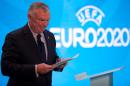FA Chairman Greg Clarke speaks at an event to launch the logo for the 2020 UEFA European Championship football tournament in London on September 21, 2016