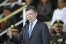 Colombian President Santos gives a speech during a promotion ceremony at a police school in Bogota