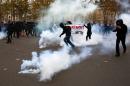 Protestors clash with riot police during a rally against global warming on November 29, 2015 in Paris, a day ahead of the start of UN conference on climate change COP21