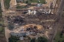 An aerial view shows the aftermath of a massive explosion at a fertilizer plant in the town of West, near Waco, Texas