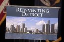 A image of the Detroit skyline is seen on the podium in Detroit
