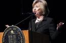 Former Secretary of State Hillary Rodham Clinton, uses a teleprompter as she speaks to students at the University of California Los Angeles, UCLA campus on the subject of leadership in Los Angeles Wednesday, March 5, 2014. (AP Photo/Nick Ut)