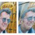 This combination of two photos shows a detail of a mural by Michael Pilato in State College, Pa. depicting a halo over the late Penn State football coach Joe Paterno on Monday, Jan. 23, 2012, left, and the halo removed by the artist on Saturday, July 14, 2012. Pilato had put a halo over Paterno's image after the beloved coach's death in January, but said he felt he had to remove it Saturday after a report that Paterno, former university president Graham Spanier and others buried allegations of child sex-abuse against ex-assistant Jerry Sandusky. Paterno's family denies the claim. (AP Photo/Centre Daily Times, Nabil K. Mark, Abby Drey)