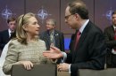 U.S. Secretary of State Clinton talks to NATO Deputy Secretary Vershbow before a Foreign Ministers meeting at the NATO Summit in Chicago