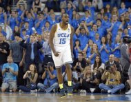 UCLA's Shabazz Muhammad celebrates as time runs out in the second half of an NCAA college basketball game against Arizona, Saturday, March 2, 2013, in Los Angeles. UCLA won 74-69. (AP Photo/Mark J. Terrill)