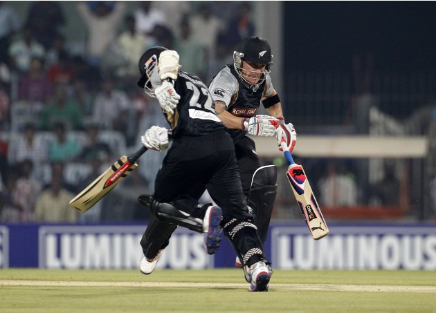New Zealand's Brendon McCullum and teammate Kane Williamson run between the wickets during their second Twenty20 cricket match against India in Chennai