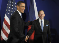 FILE - U.S. President Barack Obama, left, meets former Czech President Vaclav Havel, during a summit between the United States and the 27-member European Union in Prague, Czech Republic, in this April 5, 2009 file photo. Havel, the dissident
 playwright who wove theater into politics to peacefully

 bring down communism in Czechoslovakia and become a hero of the epic struggle that ended the Cold War, died Sunday Dec. 18, 2011 in Prague. He was 75. (AP Photo/Bela Szandelszky, File)