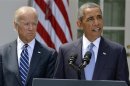 U.S. President Obama speaks about Syria next to Vice President Biden at the Rose Garden of the White House