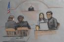 In this courtroom sketch, Dun Meng, far right, testifies with a translator at his side during the federal death penalty trial of Boston Marathon bombing suspect Dzhokhar Tsarnaev in Boston, Thursday, March 12, 2015. Meng described his harrowing ride at gunpoint with the Boston Marathon bombers and the moment he made "the most difficult decision" of his life to bolt from the car. Tsarnaev is charged with conspiring with his brother to place two bombs near the marathon finish line in April 2013, killing three and injuring more than 260 people. (AP Photo/Jane Flavell Collins)