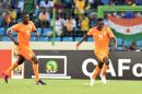 Ivory Coast's midfielder Max-Alain Gradel (R) celebrates after scoring a goal during the 2015 African Cup of Nations group D football match between Ivory Coast and Mali in Malabo on January 24, 2015