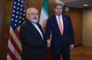 US Secretary of State John Kerry (R) with Iran's Foreign Minister Mohammad Javad Zarif, on April 19, 2016 at the UN in New York