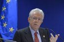 Italy's PM Monti attends a news conference at the end of the second session of a two-day EU leaders summit in Brussels