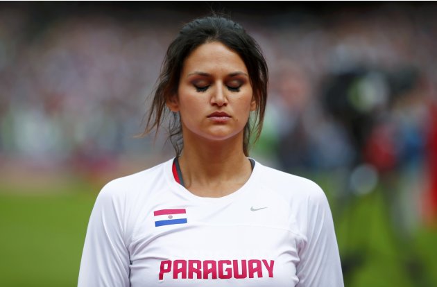 Paraguay&#39;s Leryn Franco relaxes as she takes part in the women&#39;s javelin throw qualification at the London 2012 Olympic Games