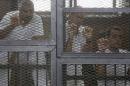 Al Jazeera journalists Mohammed Fahmy, Peter Greste and Baher Mohamed stand behind bars at a court in Cairo