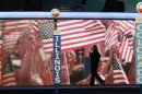 The stage is seen as preparations continue before the start of the Democratic National Convention at the Time Warner Cable Arena in Charlotte, N.C., Monday, Sept. 3, 2012. (AP Photo/Charles Dharapak)