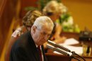 Czech Republic's President Milos Zeman holds a speech during a Parliament session in Prague, Czech Republic, Wednesday, Aug. 7, 2013. Czech Republic's Parliament gathered for a confidence vote for a newly appointed government led by Jiri Rusnok. (AP Photo/Petr David Josek)
