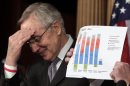 Senate Majority Leader Reid reacts as Sen. Schumer shows a "fiscal cliff" chart during a news conference on Capitol Hill in Washington