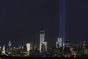 The Tribute in Light rises above the lower Manhattan …