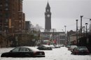 Car are seen on a street flooded at Hoboken in New Jersey
