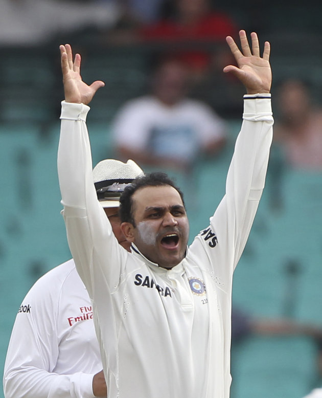 Indian cricket player Virender Sehwag appeals for the wicket of Australia&#39;s Mike Hussey on day 2 of the second test match at the Sydney Cricket Ground in Sydney, Australia, Wednesday, Jan. 4, 2012