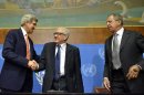 John Kerry, left, US Secretary of State, shakes hands with Lakhdar Brahimi, center, UN Joint Special Representative for Syria, next to Sergei Lavrov, right, Russian Foreign Minister during a press conference after their meeting at the European headquarters of the United Nations in Geneva, Switzerland, Friday, Sept. 13, 2013. Kerry and Lavrov say the prospects for a resumption in the Syria peace process are riding on the outcome of their chemical weapons talks. Kerry, flanked by Lavrov and Brahimi, told reporters after an hour-long meeting that the chances for a second peace conference in Geneva "will obviously depend on the capacity to have success here ... on the subject of the chemical weapons." (AP Photo/Keystone, Martial Trezzini)