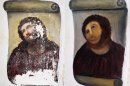 File - In this combination of two undated handout photos made available by the Centro de Estudios Borjanos, the 20th century Ecce Homo-style fresco of Christ , left and the 'restored' version, at right. Only a month has gone by since an 80-year-old artist won global infamy for botching a restoration of a fresco of Christ in a little-known Spanish town, but it took even less time for Internet entrepreneurs to start copying her image compared to a monkey's head to sell everything from T-shirts to cellphone covers and wine. Now a mortified Cecilia Gimenez has lawyers researching her intellectual property rights, and could demand a cut of profits to benefit charity for her amazingly popular disfiguration of the fresco from the genre known as 