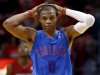 Oklahoma City Thunder's Russell Westbrook reacts during the final minute of an NBA basketball game against the Miami Heat in Miami, Tuesday, Dec. 25, 2012. The Heat won 103-97. (AP Photo/J Pat Carter)