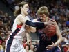 Gonzaga's Kelly Olynyk, left, tries to strip the ball from Saint Mary's Matt Hodgson during the first half of the West Coast Conference tournament championship NCAA college basketball game, Monday, March 11, 2013, in Las Vegas. (AP Photo/Julie Jacobson)