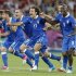 Italy's players celebrate victory against England after penalty shoot-out of their Euro 2012 quarter-final soccer match at Olympic Stadium in Kiev