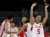 China's Song Xiaoyun and teammates celebrate after they beat the Czech Republic in their women's Group A basketball match at the London 2012 Olympic Games