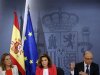 Spain's Development Minister Pastor Spain's Deputy Prime Minister de Santamaria and Treasury Minister Montoro attend news conference after a cabinet meeting at Moncloa Palace in Madrid