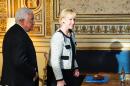 File photo shows Swedish Foreign Minister Margot Wallstroem (R) recieving Palestinian President Mahmoud Abbas at the Foreign Affairs Ministry in Stockholm on February 10, 2015
