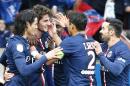 PSG's Adrien Rabiot, 2nd left, celebrates with teamates after scoring against Toulouse FC during his French League one soccer match at the Parc des Princes stadium, in Paris, France, Saturday, Feb. 21, 2015. (AP Photo/Jacques Brinon)