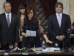 Argentina's reelected President Cristina Kirchner (centre) at her inauguration in Buenos Aires today