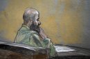 In this courtroom sketch, U.S. Army Maj. Nidal Malik Hasan is shown during closing arguments of his court martial, Thursday Aug. 22, 2013, in Fort Hood, Texas. (AP Photo/Brigitte Woosley)