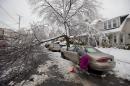 A woman clears snow near a downed tree limb after a winter storm Wednesday, Feb. 5, 2014, in Philadelphia. Icy conditions have knocked out power to more than 200,000 electric customers in southeastern Pennsylvania and prompted school and legislative delays as well as speed reductions on major roadways. (AP Photo/Matt Rourke)