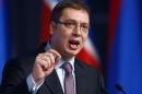 Serbian Deputy Prime Minister and the leader of Serbian Progressive Party Vucic speaks to his supporters during a rally in Belgrade