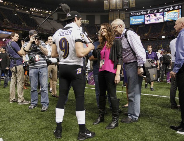 Baltimore Ravens kicker Justin Tucker is interviewed during Media Day for the NFL&#39;s Super Bowl XLVII in New Orleans