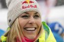 Lindsey Vonn, of the United States, smiles during an interview in the finish area following her run at the women's World Cup downhill ski race in Lake Louise, Alberta, Friday, Dec. 5, 2014. (AP Photo/The Canadian Press, Jeff McIntosh)