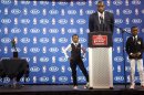 Miami Heat's LeBron James speaks as his sons Bryce, left, and LeBron Jr., stand by during an NBA basketball news conference, Sunday, May, 5, 2013, in Miami. James was formally announced as having won his fourth Most Valuable Player award Sunday. (AP Photo/J Pat Carter)