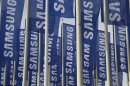 Samsung flags are set up at main entrance to Berlin fair ground