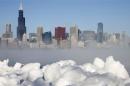 Chicago skyline is seen beyond the arctic sea smoke rising off Lake Michigan in Chicago