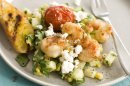 In this image taken on May 13, 2013, Caribbean grilled shrimp salad is shown served on a plate in Concord, N.H. (AP Photo/Matthew Mead)